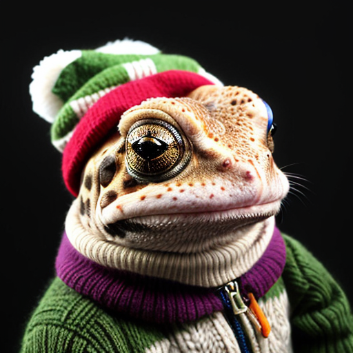 A laughable, puzzled animal toad in woolen, multicoloured winter clothings with woolen, funny winter cap. Hyperrealistic art style.