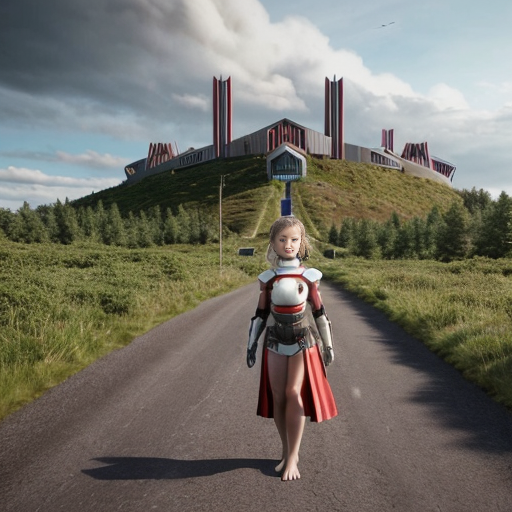 Asland Human cute little girl with light brown hair, blue eyes, light beige sci-fi futuristic long dress and barefoot, when holding the fkag of Asland with white field and red-linned black saltire and group of Asland Human peoples on sci-fi futuristic road at Hammerstein beige sci-fi futuristic castle with red brick sci-fi futuristic roofs and beige sci-fi futuristic towers with red brick sci-fi futuristic roofson hill in Asland landscape with taiga forest, hills, meadows, beige-green-brown fields, villages with beige sci-fi futuristic houses with red brick sci-fi futuristic roofs and cloudy sky in 2621.