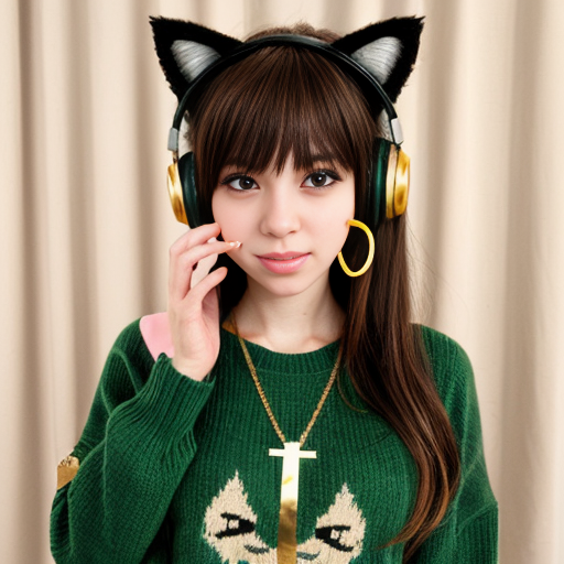 Make a cute anime girl with brown hair and has green eyes and has dark green curtain bangs and has cat ears and a green sweater and black headphones on her neck and has a gold cross necklace and small gold hoop earrings 