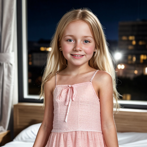 finnish little girl at night dress, very beautiful and eager, long blonde hair, on the bedroom, close up, mom at background
