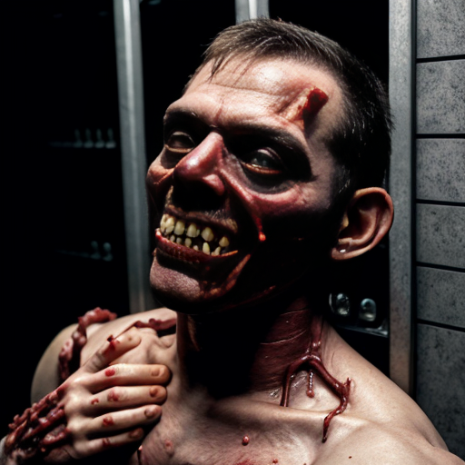 a blood-streaked industrial meat freezer, its frost-laced steel walls lined with human carcasses suspended from rusted hooks—some intact, others flayed open to reveal glistening viscera. At the center, a towering butcher in a stained apron looms, his face obscured by a tattered 1950s Frankenstein mask, its rubbery grin cracked to reveal glimpses of the demonic, yellow-eyed horror beneath. His cleaver drips black ichor onto the concrete floor, where a twisted imp squats amidst severed limbs, gnawing on a femur with needle-like teeth. The air is thick with the metallic stench of butchery, frozen breath curling from the demon-butcher's nostrils as he turns toward the viewer, his shadow stretching unnaturally across the hanging corpses like a promise of slaughter.