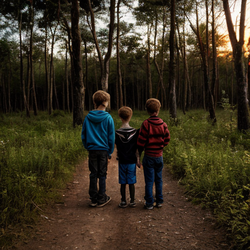 One girl one boy kids in a forest back to back in a sunset