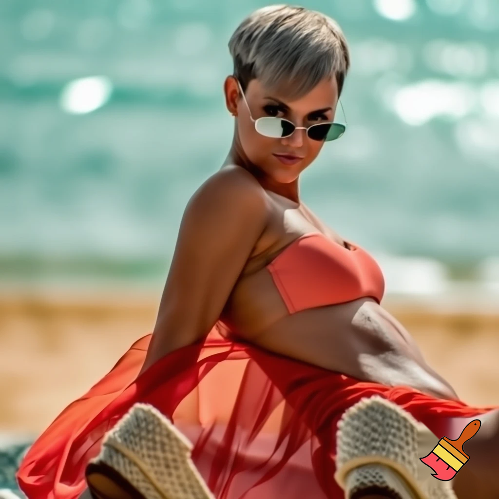 Attractive woman with an ash blonde pixie cut wearing rimless sunglasses, a bikini, a sarong and espadrille wedges 