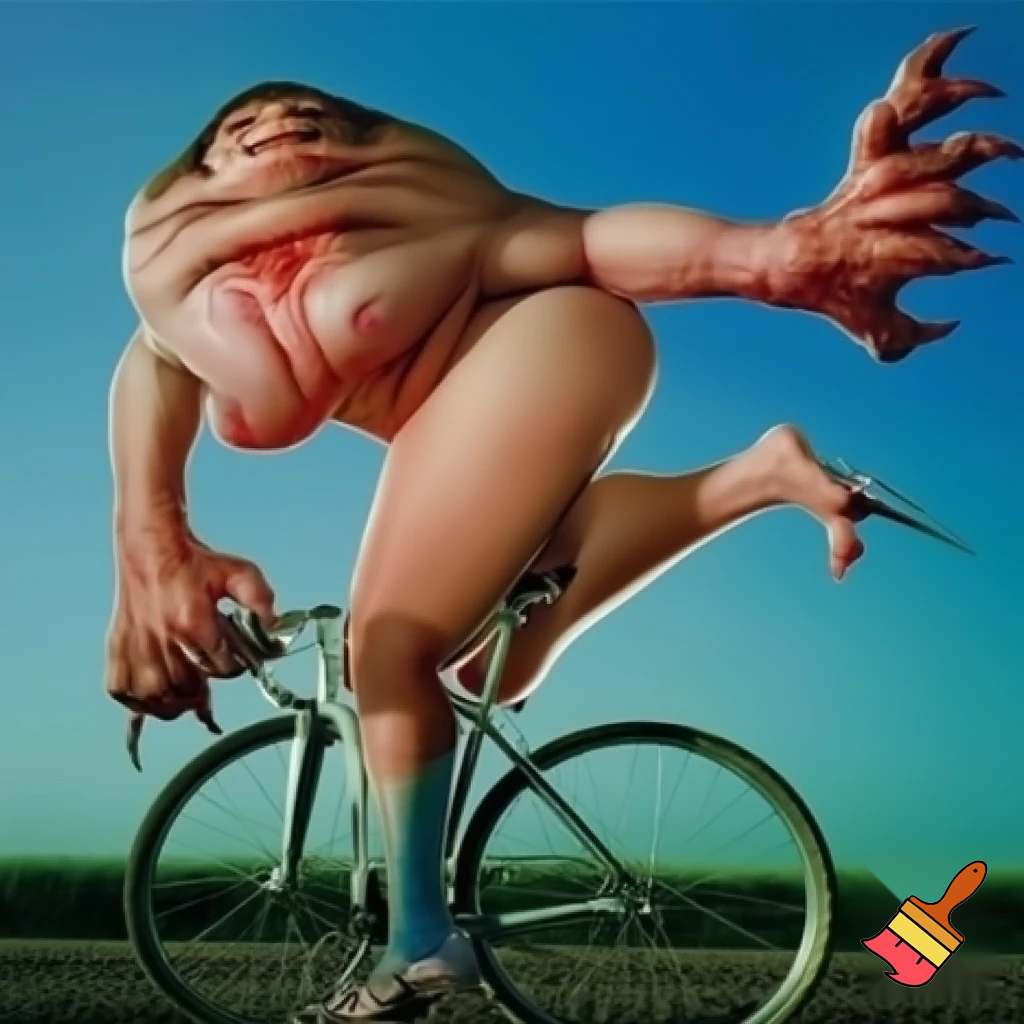 A large sexy monster riding a bicycle while being nude, legs spread dildo up her ass