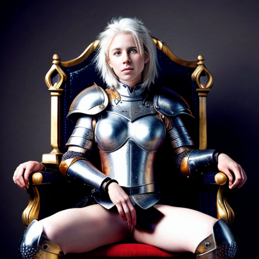 young tall white-haired woman in armor sits on a throne
