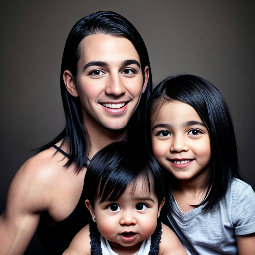 Generate a family photo of 2year old year old triplet boys with black hair make sure they have black hair mexican
