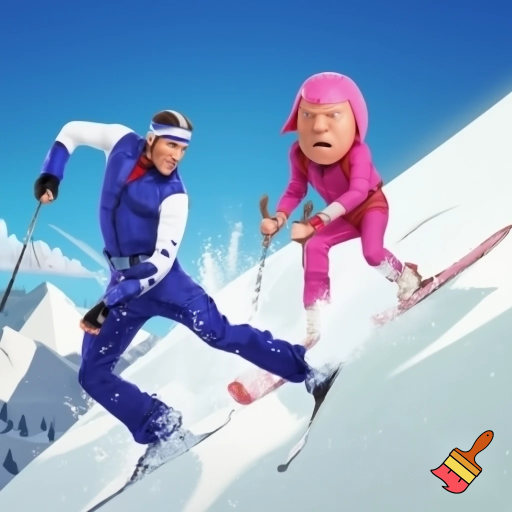 create me an image of sportacus and robbie rotten skiing