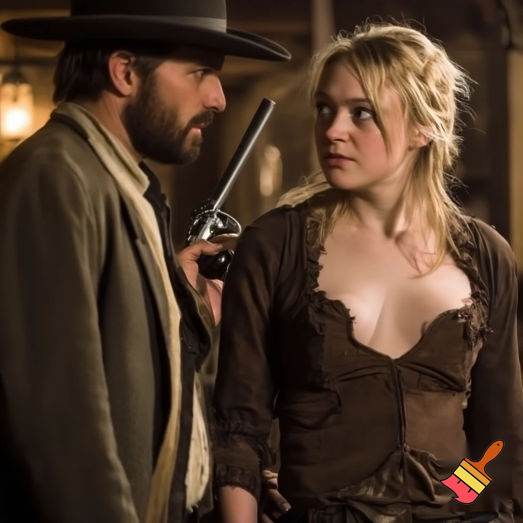 Dakota Fanning, various poses, torn clothes, wild west saloon scene, close up shot, breast exposed, walking looking at man with a gun
