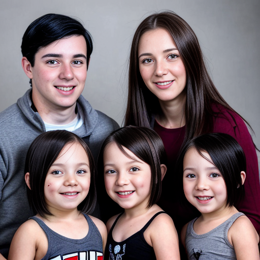 generate a family photo of  6 kids. generate 1 set of triplet boys that are two years old with black hair. generate another set of girl triplets that are 16 with black hair and generate all of them togteher in a family photo