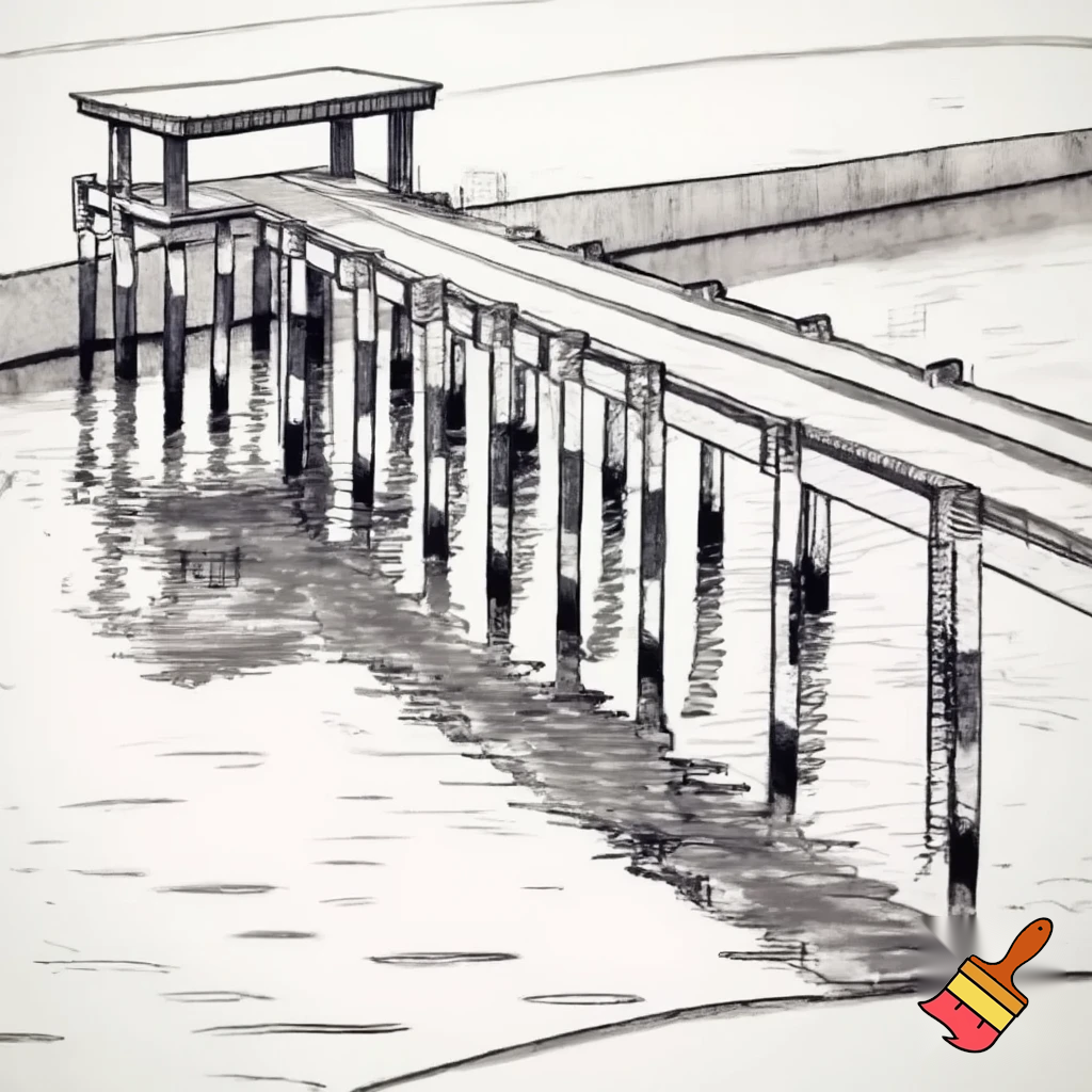 A construction sketch of a dock over a small pond with 18 pilings and a  terminal shaped end over the water 