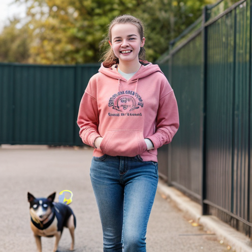 She looks like a bright, friendly Year 7 student with a warm smile and lively eyes. Her style is casual and trendy, often wearing jeans, sneakers, and maybe a hoodie from her favorite band. She might add fun accessories like bracelets or a necklace. With two dogs at home and dreams of becoming a zoologist, she has a slightly outdoorsy vibe. Overall, she appears cheerful, confident, and full of energy.