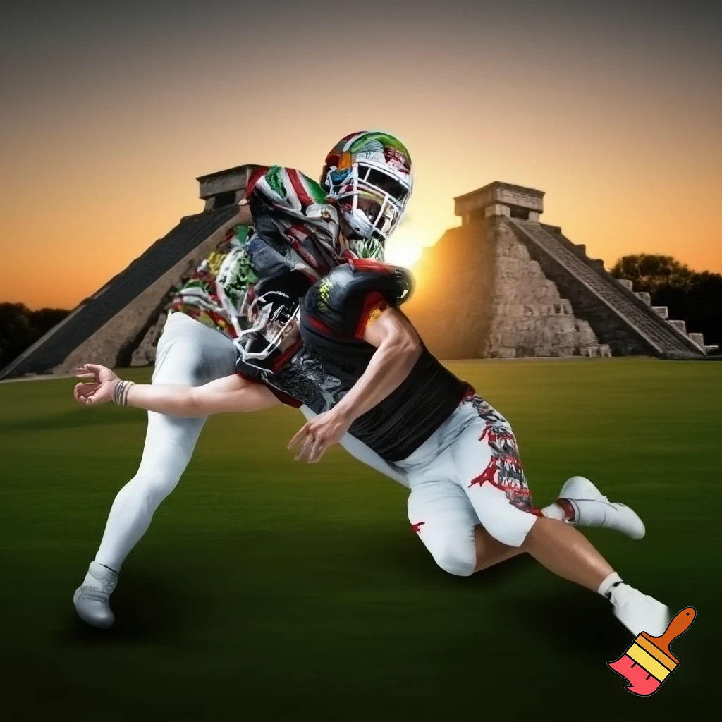 locandina maschile football americano "tackle 11vs11 "che la chiamiamo "ELITE" , deve richiamare ovviamente la tradizione messicana, il torneo si svolge in Yucatan Mexico, per quello ci sono le famose piramidi di Chichen-Itza, la maglia del giocatore deve essere a tema Mexico
