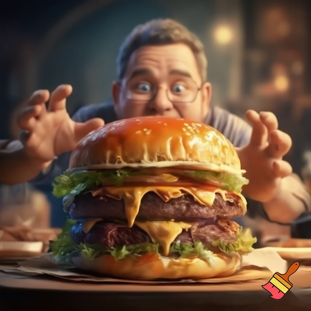 a fat man trying to get a huge burger with a hidden slice of a orange