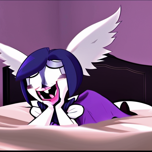 Angel dust from Hazbin hotel on a bed being pinned hes panting and breathless and desperate.
