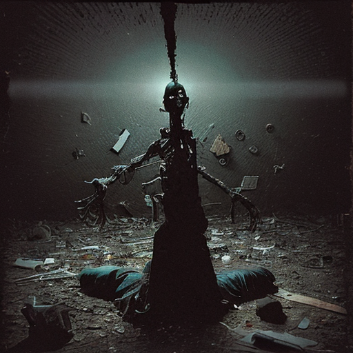 ​A screenshot of a social media feed with two stacked posts, featuring unreadable, distorted text and standard interaction icons. The top post displays two side-by-side images of a distorted, macabre humanoid figure in a tattered gown, covered in tattered cloths, lying on light dirt. The bottom post shows a single image of a messy, desolate space filled with debris and a dark, heavily distorted demon, The entire image must have a low-resolution, weirdcore, "cursed image" style with early AI generation artifacts.