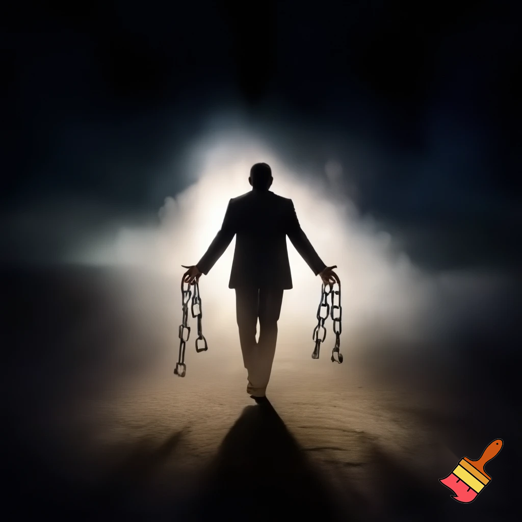 A man walking from darkness into bright light, broken chains on hands, dust and smoke behind, symbol of freedom and growth, cinematic composition, emotional depth, realistic lighting, hope and determination theme, ultra-high resolution