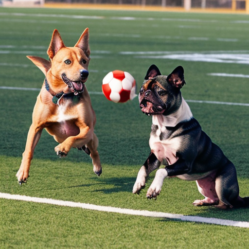 generate a picture of a cute dog playing football with other dogs