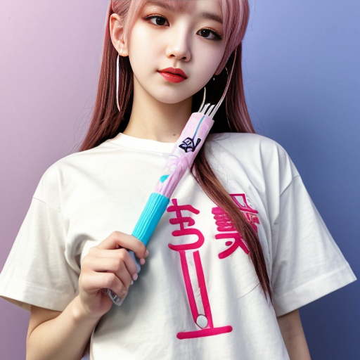 an anime girl holding a bts lightstick and has neni written on her shirt
