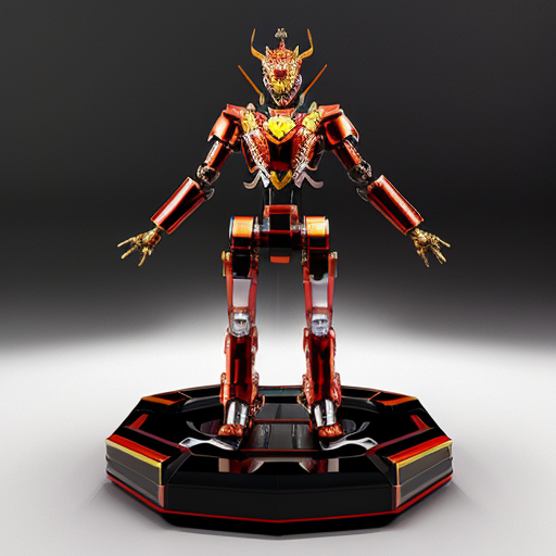 Chinese mythology mecha toy, combination of five divine beasts: dragon, turtle, tiger, phoenix, qilin. Glossy PVC plastic机甲 figure, shiny reflective surface, mechanical details, joints, armor plates, bright studio lighting, isolated white background, 3d render, product photography, highly detailed.