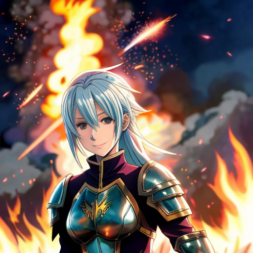 young, tall, white-haired woman in armor stands in front of a burning castle into which meteorites are falling.