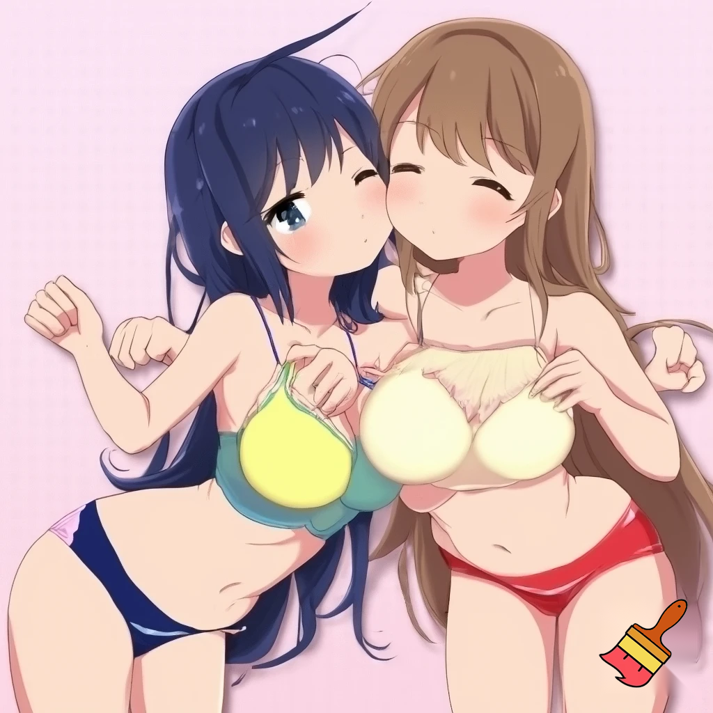 Anime girl so cool and cute is dreesing underwear clothes do cool poses is kissing another girl like her and they are touching others asses