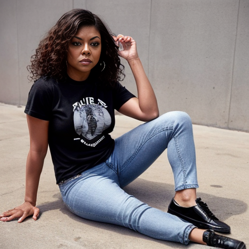 Taraji P. Henson long brown curly hair black t-shirt under t-shirt and blue jeans and black toes out shoes 
