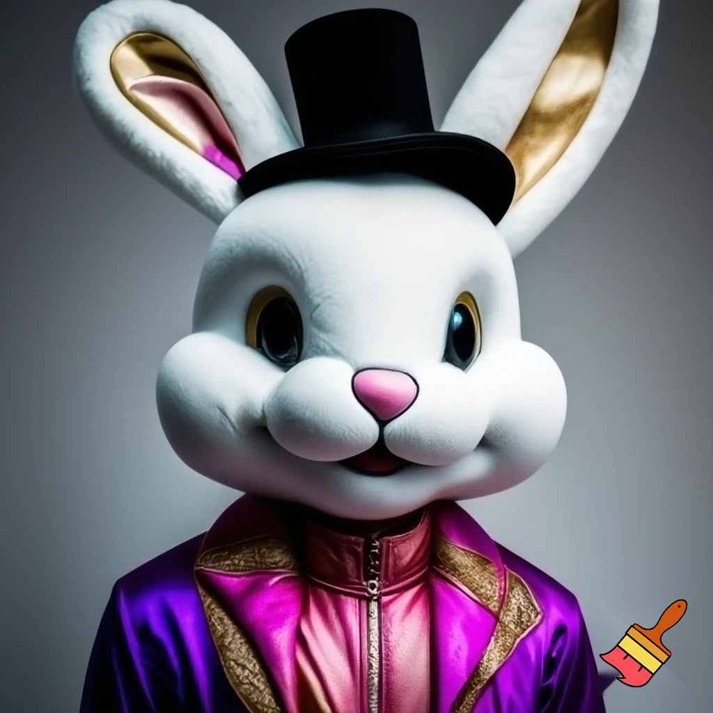 Easter bunny mascot costume top hat a colour face jacket purple and pink pink, purple and pink and gold purple and pink and gold