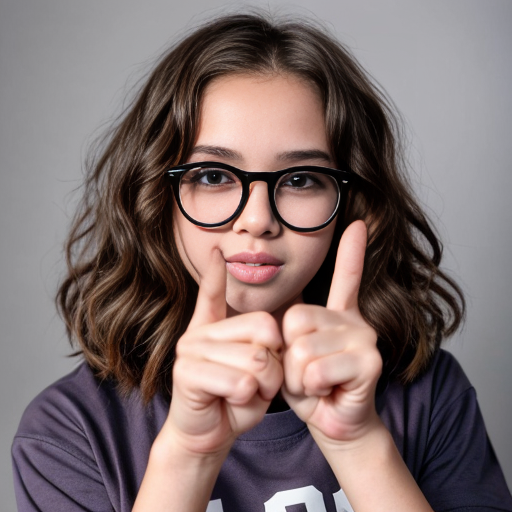 Realistic teenage girl with medium brown curly 2A hair, brown eyes, purple glasses, a dark grey t shirt with a white bow, black wide leg sweatpants and brown ugg shoes doing the peace sign with both hands and also doing the kissy face