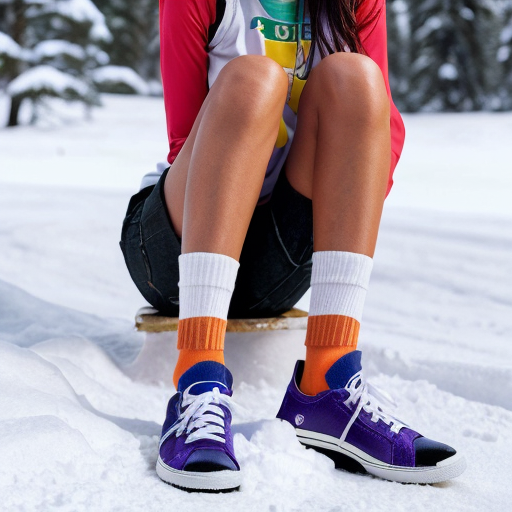 Rihanna orange tanktop belt blue short mini purple socks orange and white sneakers on a sitting Snow