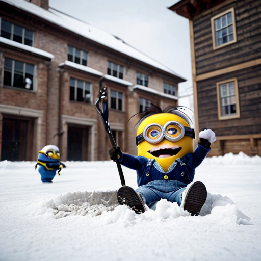 6 elmos in a circle pointing at an angry minion sitting in the middle of the elmos. Outside in the snow. A group of minions with shovels are coming in the background to save the minion.