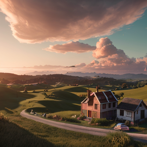 liminal space, dreamcore Whimsical, dreamlike aerial view of rolling green hills dotted with small houses, dramatic cumulus clouds illuminated by golden hour sunlight, Studio Ghibli inspired, painterly, soft focus, vibrant emerald greens and pastel sunset hues, serene atmosphere, cinematic wide shot, high detail, octane render --ar 9:16 --v 6 --style raw