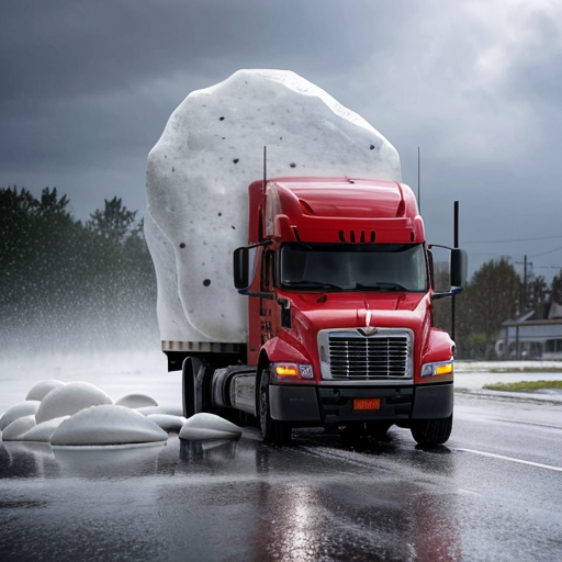 Semi-truck crushed with giant hailstones on top of it