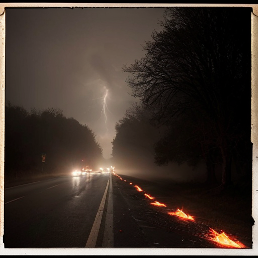 A 9:16 aspect ratio pic a haunting, grainy 35mm film still—unearthed from some forgotten archive—where a nightmarish alien tripod dominates the mist-choked horizon, its towering silhouette warped by atmospheric distortion and heavy film grain. The creature’s bulbous head swivels slightly, as if sensing prey, while its sinuous, segmented tentacles writhe downward, probing the cracked asphalt of a rain-slicked highway. Below, the road vanishes into a wall of sepia-toned fog, the only signs of life being the distant red embers of fleeing cars, their taillights bleeding through the gloom like dying stars. Leafless trees claw at the sky on either side, their skeletal forms barely distinguishable from the machine’s spindly legs. The entire scene is bathed in a sickly, muted palette—ochre, slate, and the faintest hint of a long-faded cyan—as if the photo itself is decaying, the horror within it seeping into reality. A single streetlight flickers in the foreground, its shattered casing casting jagged shadows, and on the road’s shoulder, a discarded dead human body lies overturned, its owner conspicuously absent. The grain is thick, the focus just shy of clarity, as though the camera trembled in the hands of whoever witnessed this—and didn’t live to tell.