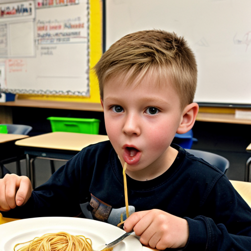 A German kid eating spaghetti and gooning in class