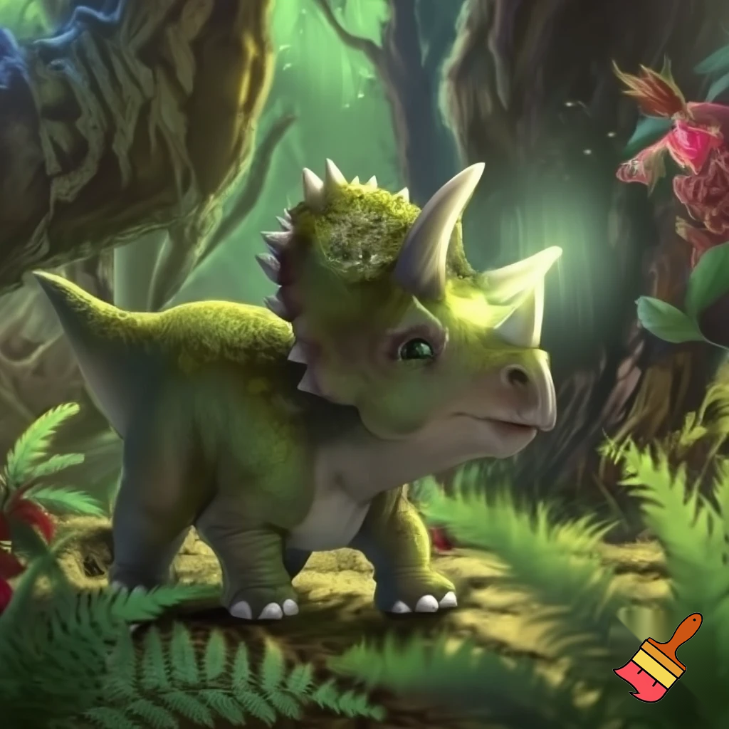 Draw a baby triceratops in the wild with a glowing nose horn