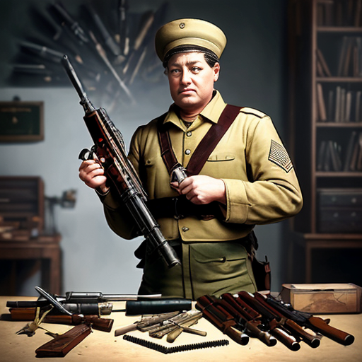 create ad image of a war collectionist full of weapons and kanonen