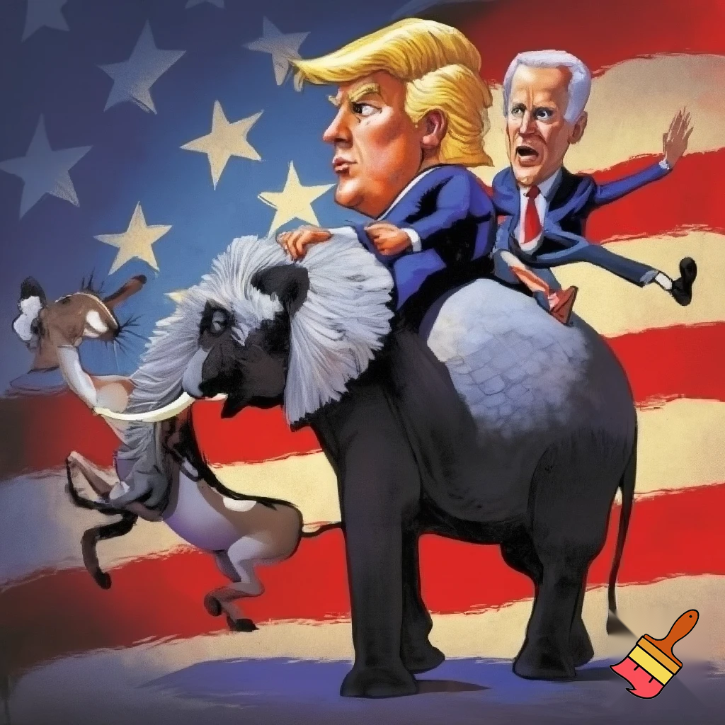 President trump on Republican elephant and Joe Biden being kicked by the Democratic donkey