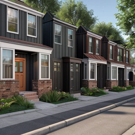 Generate an suburban neighborhood with one main rectilinear street and smaller, local streets separating off of it in a curved, varied manner. The urban space should have small street blocks with 5 or 6 uniform rectangular parcels and an interstate highway running along the edge of the neighborhood. Parcels should contain small square buildings and green garden areas behind them. Buildings should be mainly vernacular residential buildings (small homes) of about 2-3 floors with 2 or three small-scale commercial businesses on every other corner along the main street. Show entire neighborhood