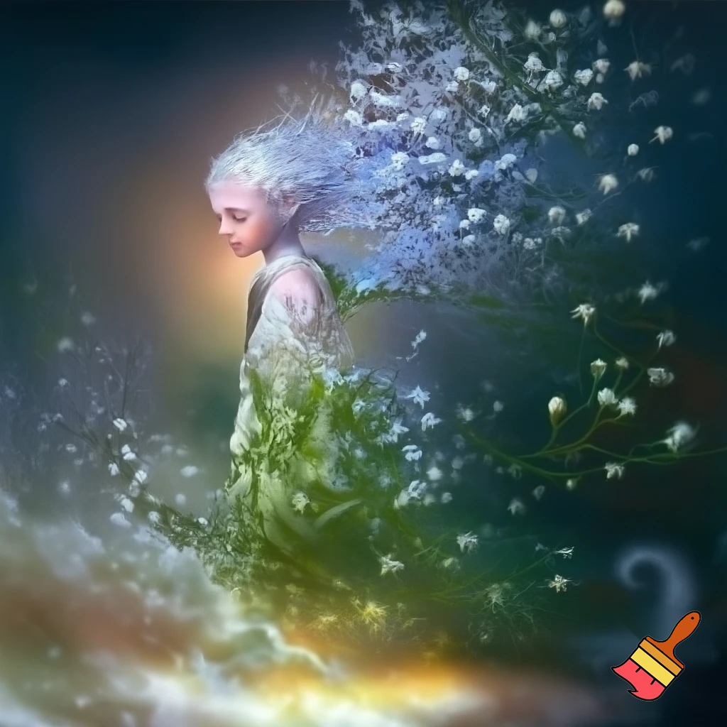 Девушка зима плавно растворяется и переходит в весну, природа фэнтези, сказочно, волшебно

