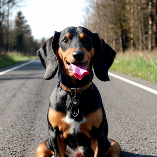Generate an image showing this. A standard size, long haired, black and tan dachshund sitting by a Polish road saying Ulica Traktorowa, holding a red rose in its teeth. Message: Poszalejmy w Wal
entynki, koledzy i kolezanki ze szkolnej lawy!