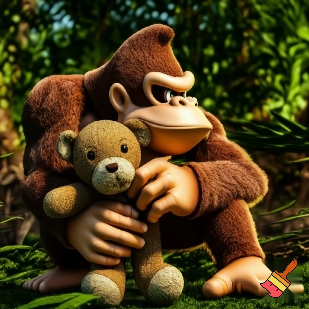 Donkey Kong hugging a teddy bear
