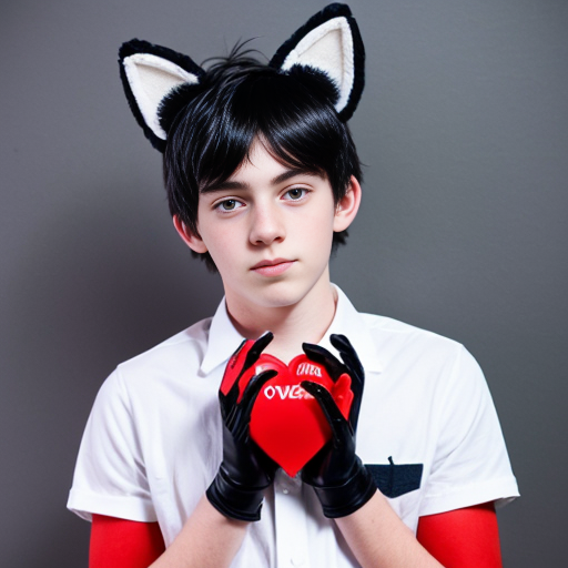 teenage boy with red eyes, black hair, white cat ears, a white shirt with a red love heart in the top right hand side, blue jeans, black gloves with one love heart per glove and a brown cat tail with a white stripe near the tip.