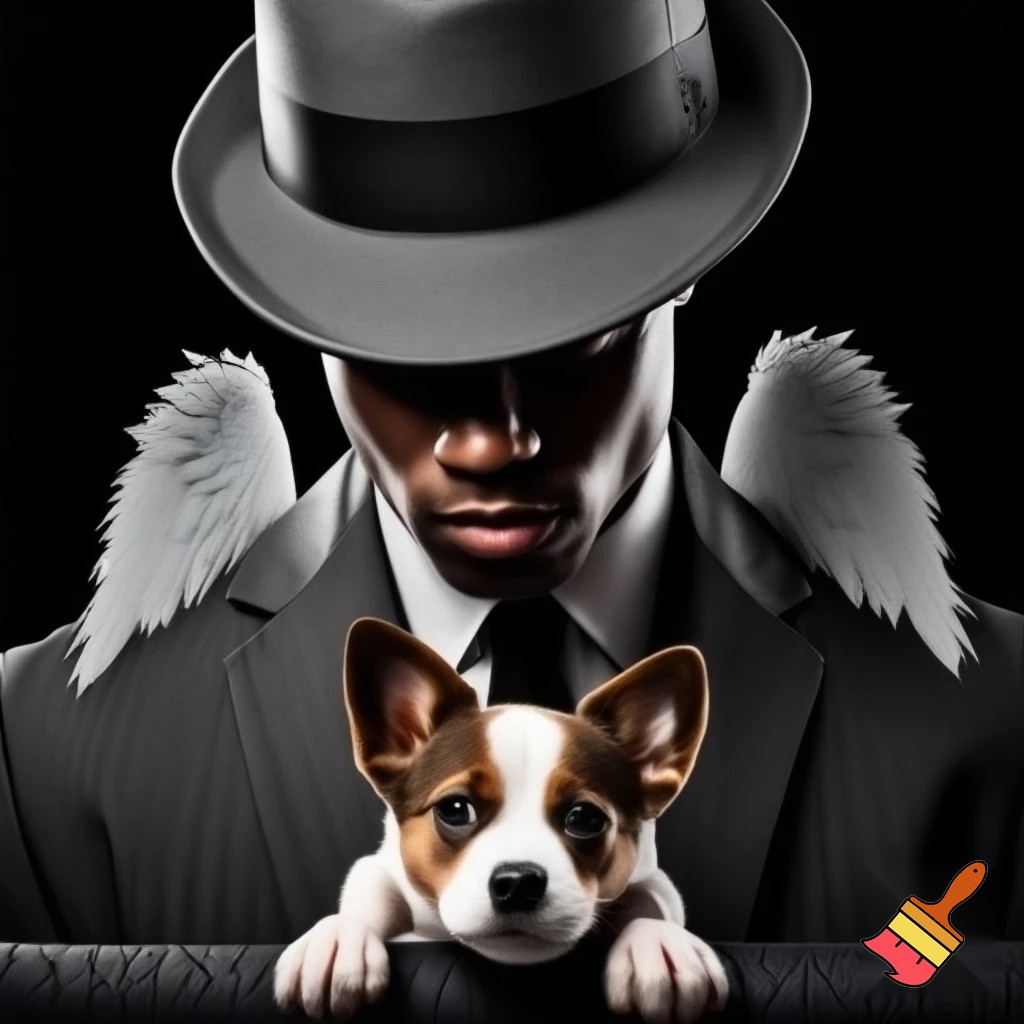Gangster looking young dog with angel wings