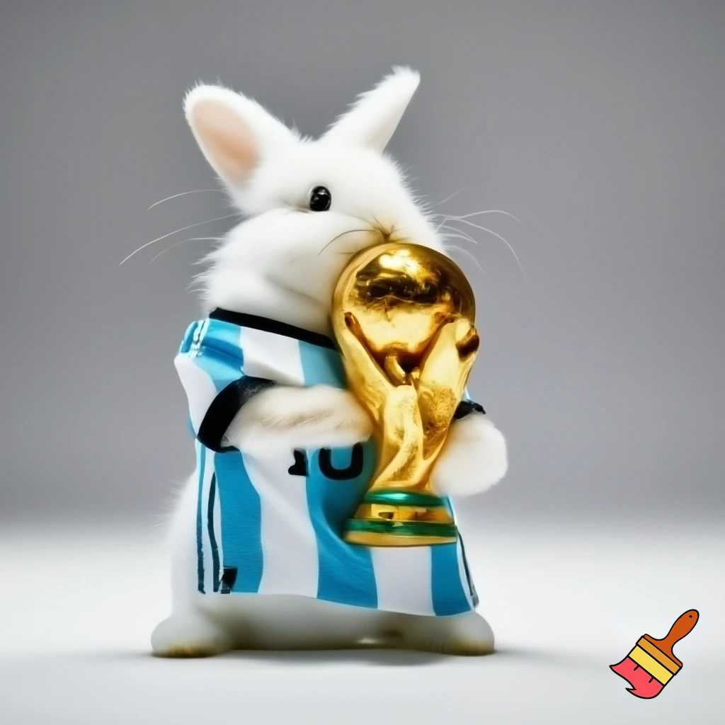 White bunny in an Argentina shirt holding the world cup