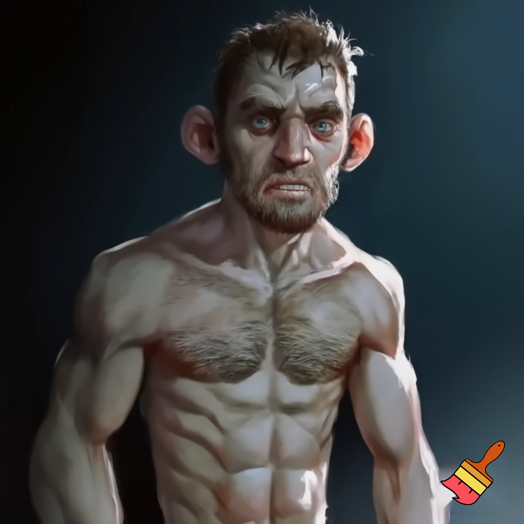 A mixed martial artist who has gone down two weight classes for a fight. His cheeks are sunken and his ribs are visible and his muscles stand out alarmingly. Nonetheless, he stands tall and steady. His eyes are watery blue, his hair is brown and his ears stick out. 