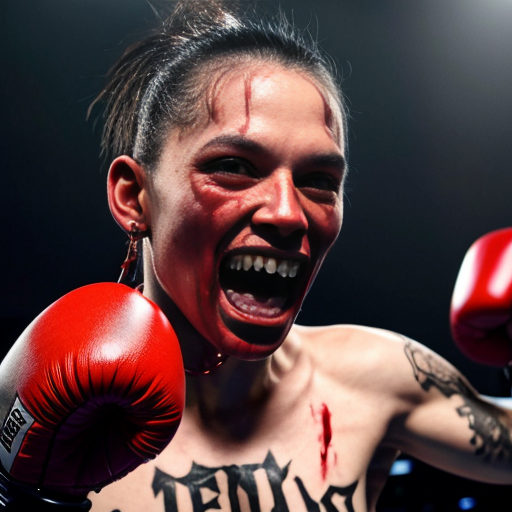 deadly dog ,sharp teeth, blood driping , face tats, nose ring ,navey bluey prisenor fit mug shot boxing gloves
