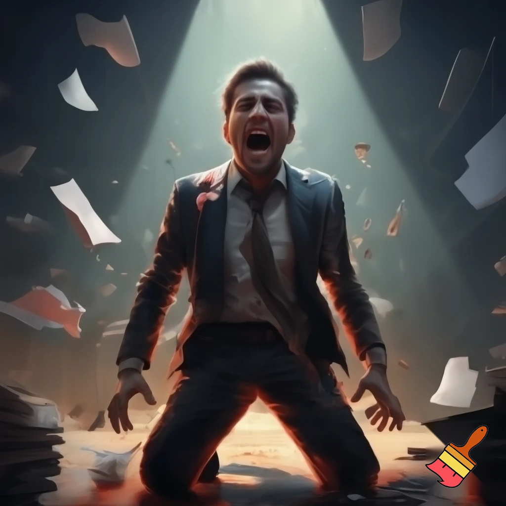 make a guy screaming and crying on his knees after losing everything. Make it super exaggerated. Make him at his office with a suit and tie