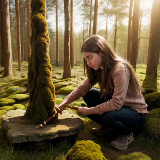 “Teen girl discovering a sacred wooden flute on a mossy stone in a sunlit forest, semi-realistic, vibrant greens.”