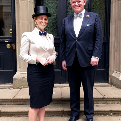 Lottie from princess in the frog standing next to a man in a suit (the mayor)
	•	City building or mansion behind them
Details: top hat, cane, steps
