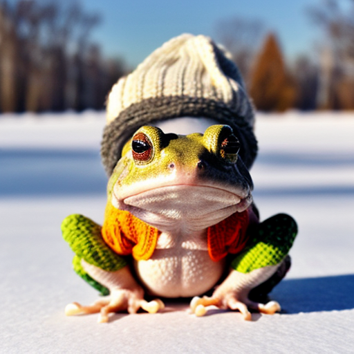 A laughable, puzzled animal toad in woolen, multicoloured winter clothings with woolen winter cap. Hyperrealistic art style.